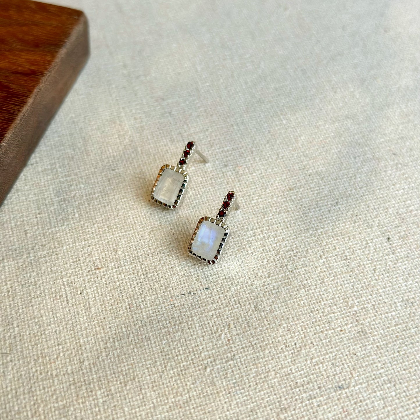 Moonstone And Garnet Sterling Silver Ear Stud