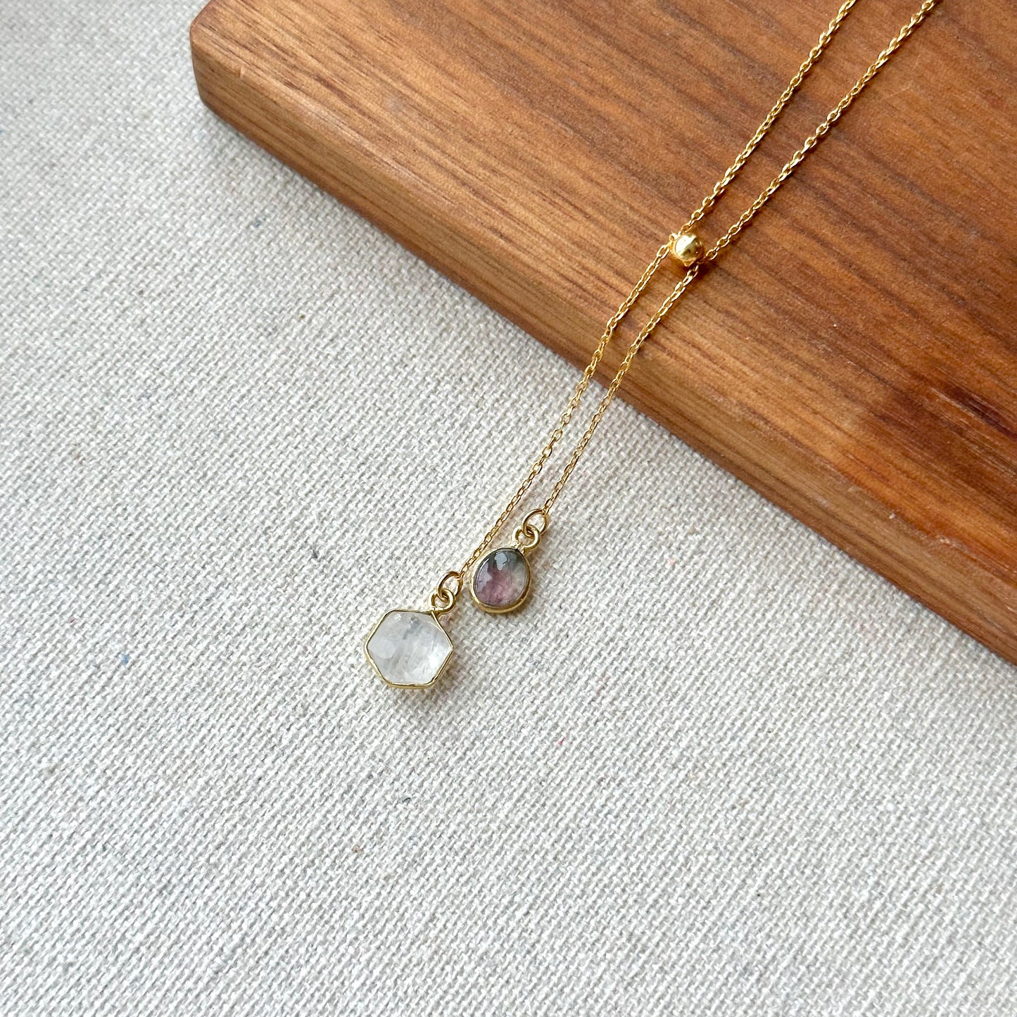 Watermelon Tourmaline And Moonstone Y-shaped Gold-plated Sterling Silver Necklace