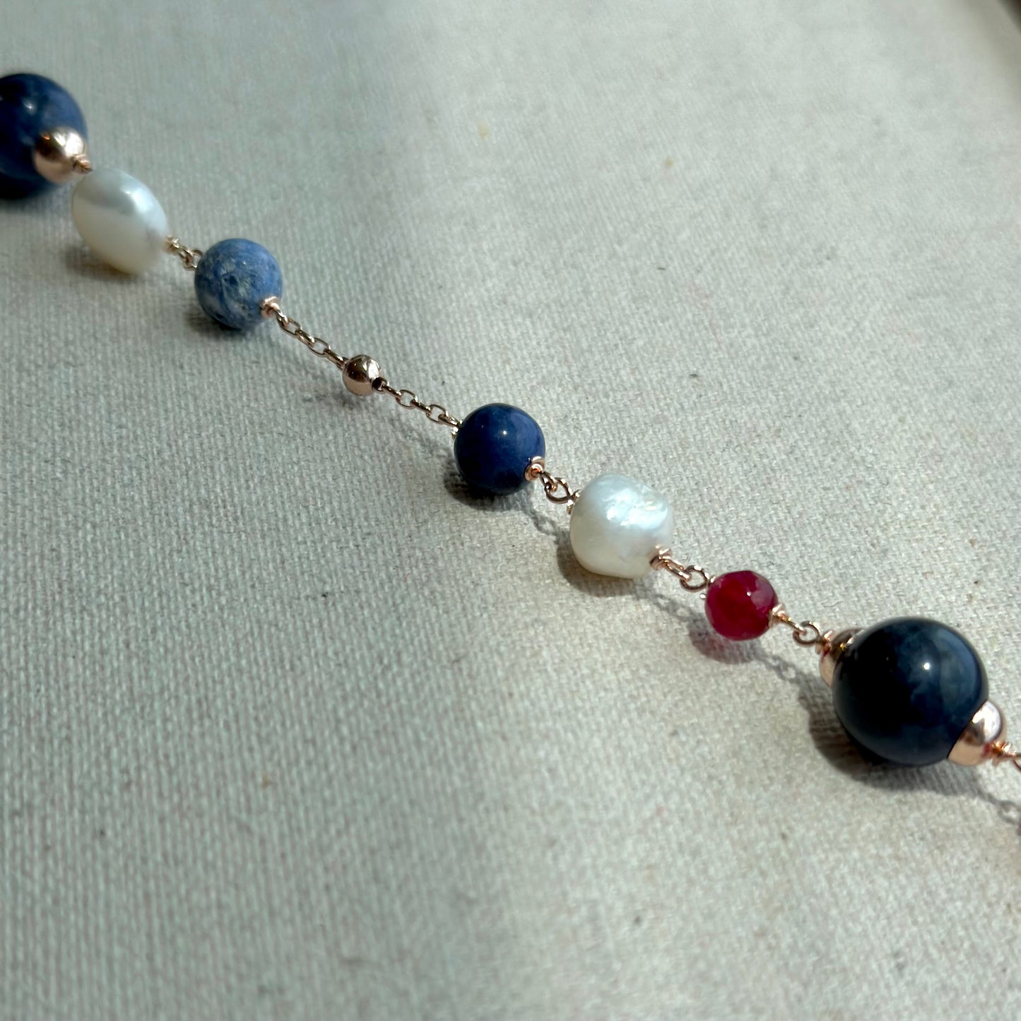 Sodalite Mixed Ruby And Freshwater Pearl Beaded Rose Gold-plated Italian Sterling Silver Necklace