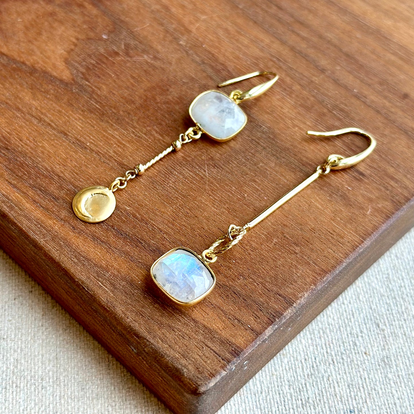 Rainbow Moonstone Asymmetric Dangling Gold-plated Earring