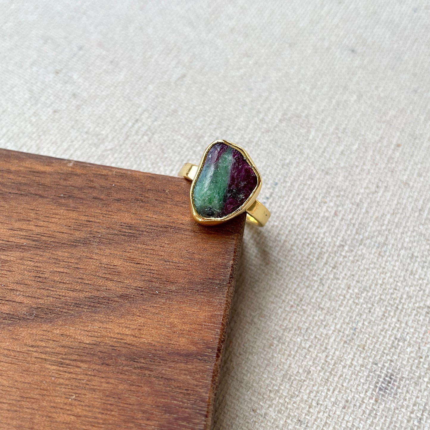 Ruby Zoisite Raw Stone Adjustable Gold-plated Ring