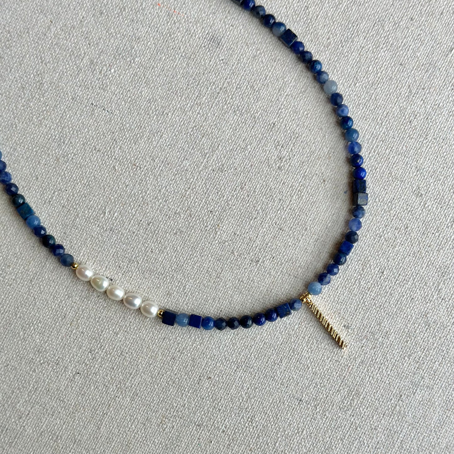 Mixed Shape Lapis And Sodalite  Beaded Asymmetric Choker Necklace