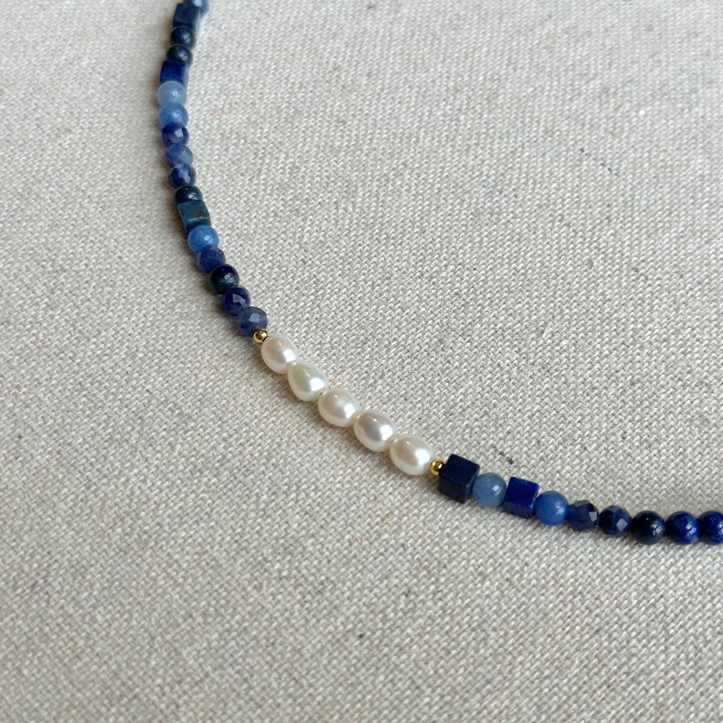 Mixed Shape Lapis And Sodalite  Beaded Asymmetric Choker Necklace