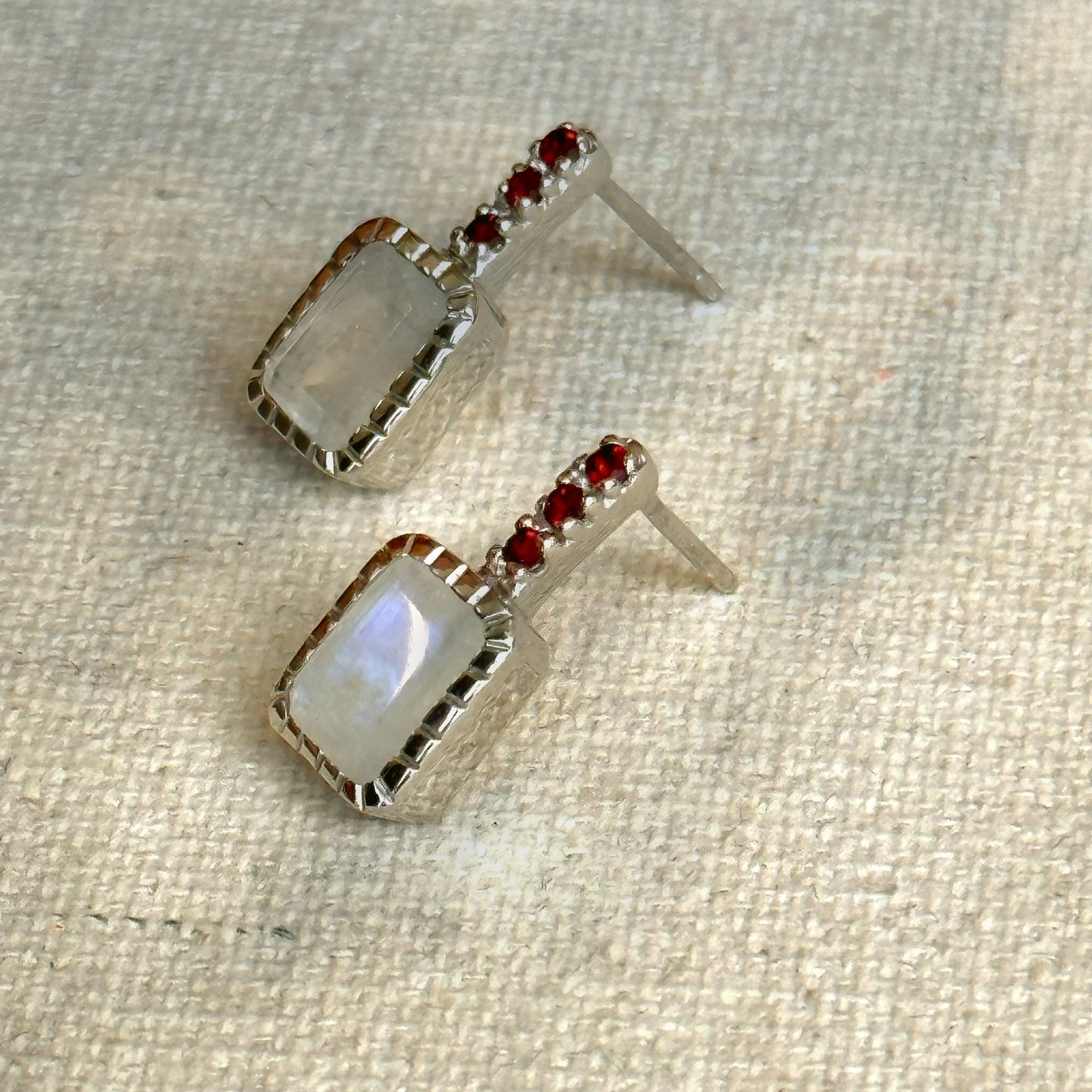 Moonstone And Garnet Sterling Silver Ear Stud