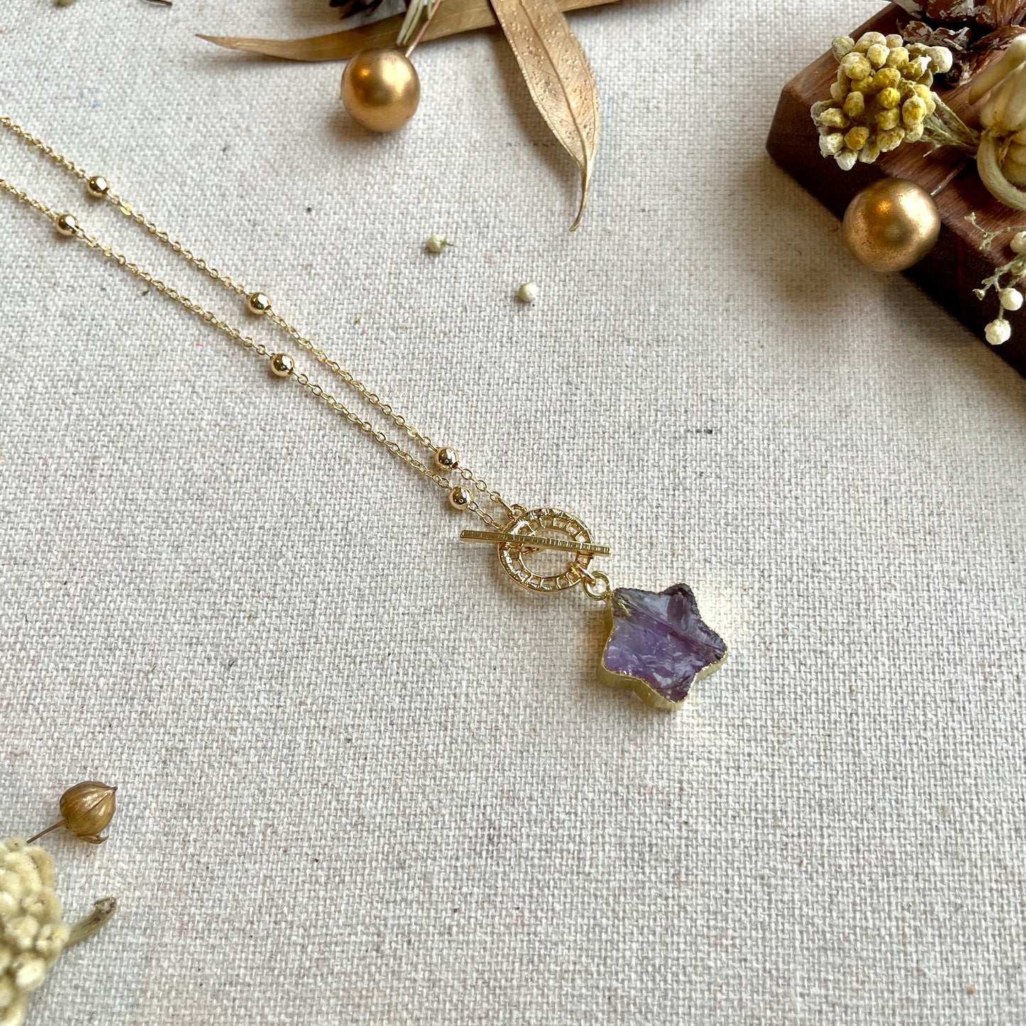 Star-shaped Amethyst Raw Stone Long Gold-plated Necklace