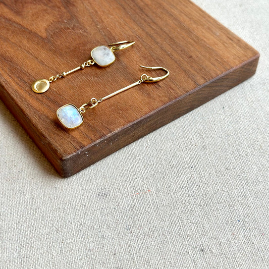 Rainbow Moonstone Asymmetric Dangling Gold-plated Earring