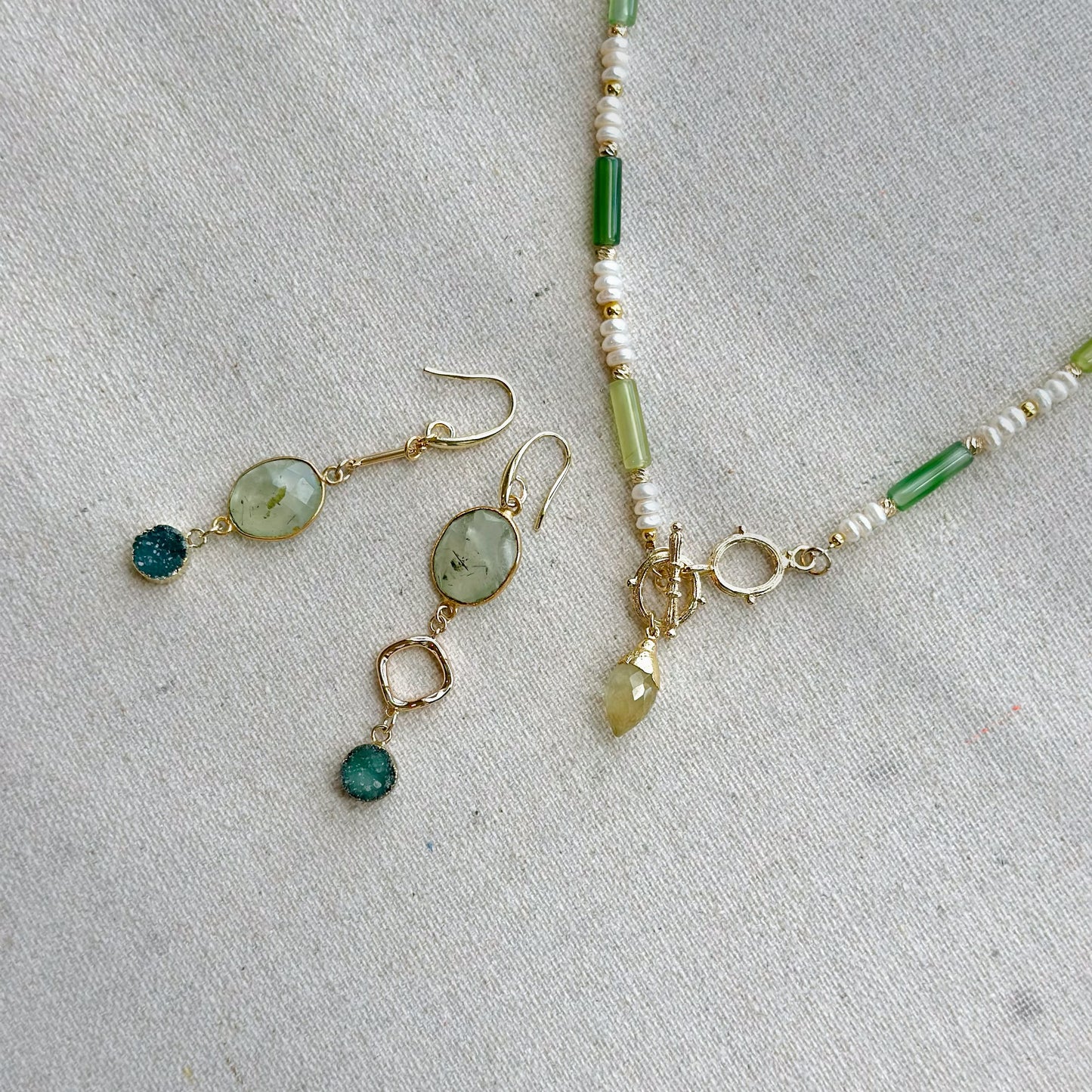 Prehnite And Druzy Stone Gold-plated Earring