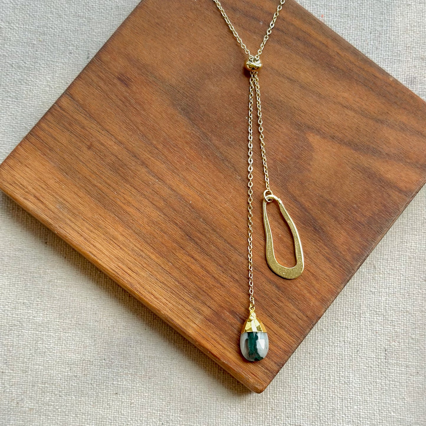 Moss Agate Geometric Y-shaped Long Gold-plated Necklace