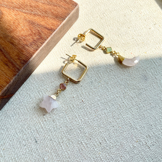 Rose Quartz And Watermelon Tourmaline Gold-plated Ear Hoop