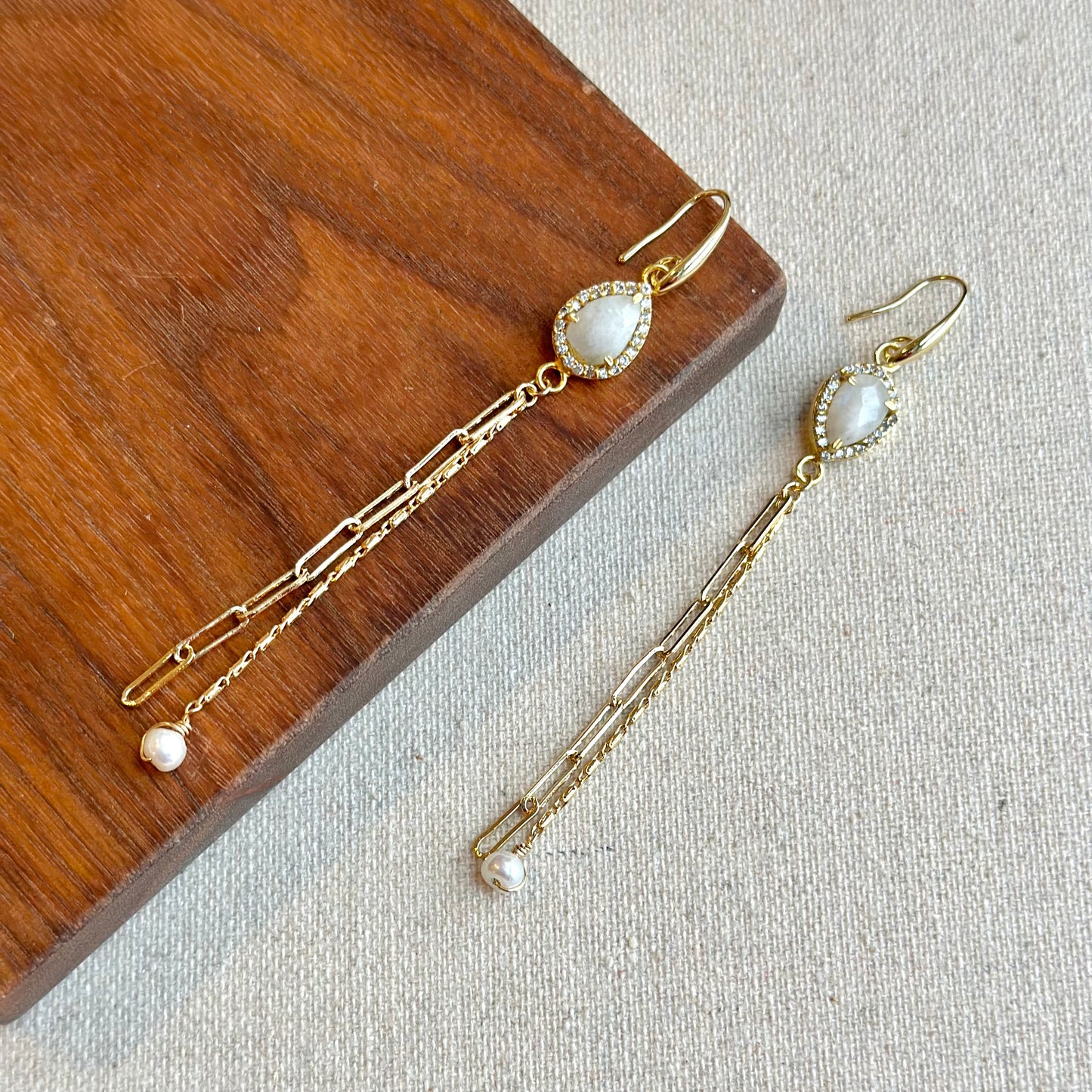 Moonstone and Freshwater Pearl Dangling Chain Earring