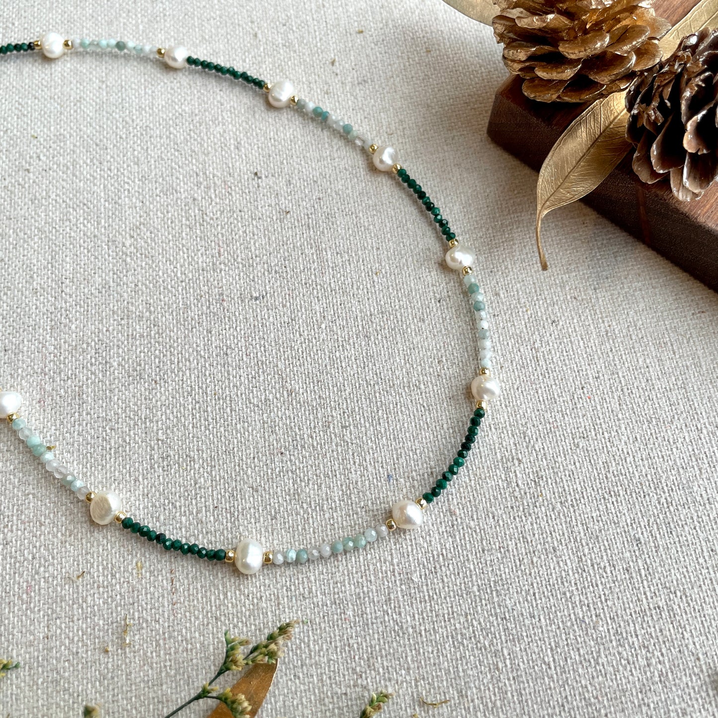 Malachite And Amazonite With Freshwater Pearl Beaded Choker Necklace