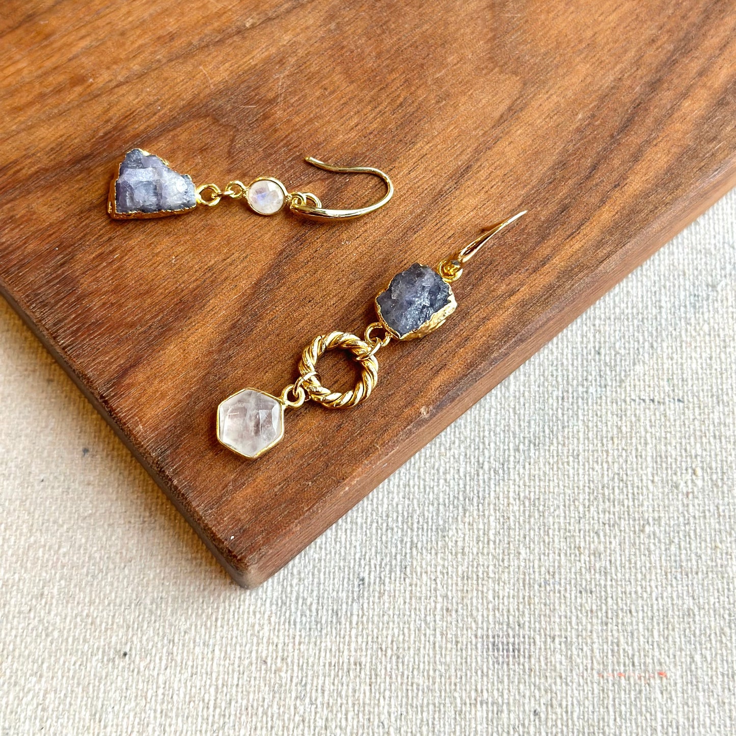 Tanzanite Raw Stone And Moonstone Earring