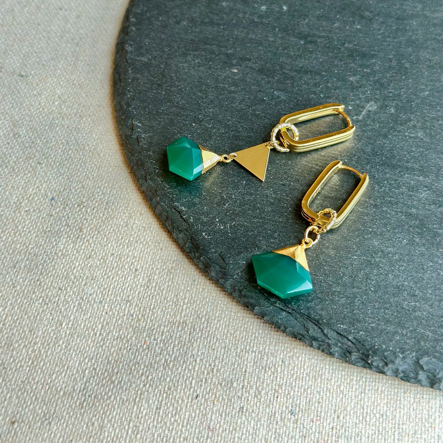 Green Onyx Geometric Two-way Gold-plated Sterling Silver Ear Hoop