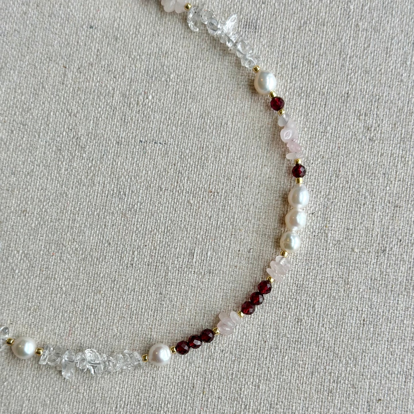 Garnet And Rose Quartz Beaded Asymmetric Choker Necklace