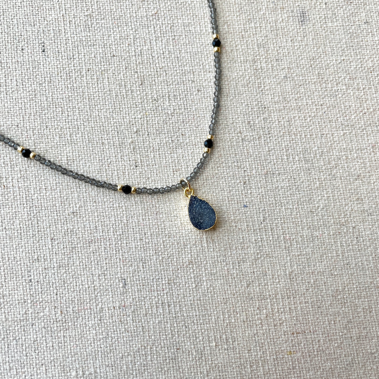 Druzy Stone And Black Spinel Beaded Necklace