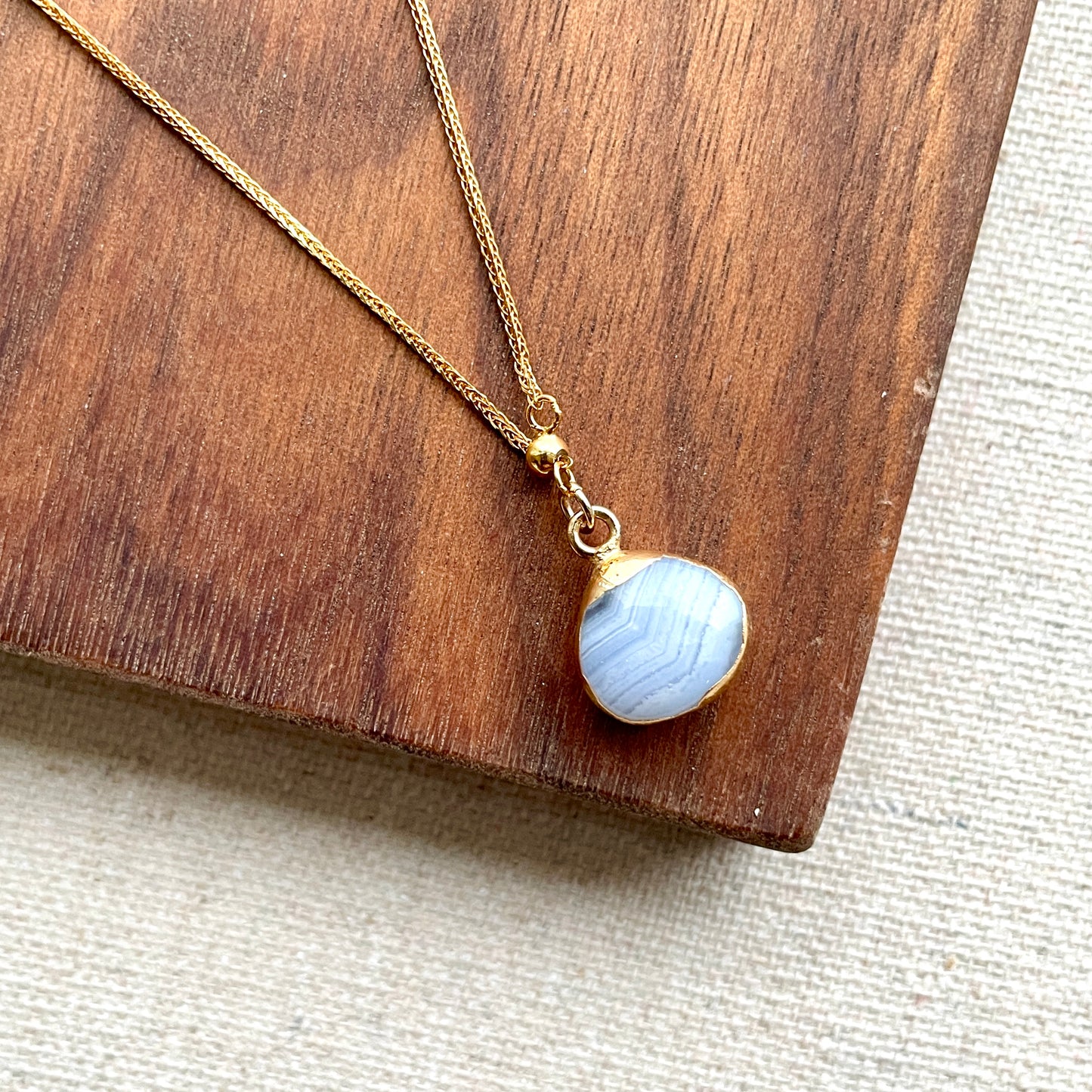 Blue Lace Agate Adjustable Y-shaped Gold-plated Necklace