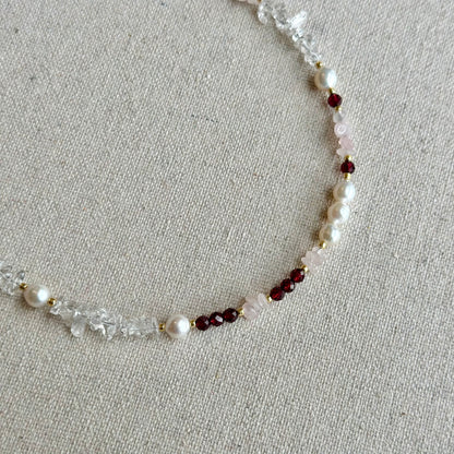 Garnet And Rose Quartz Beaded Asymmetric Choker Necklace