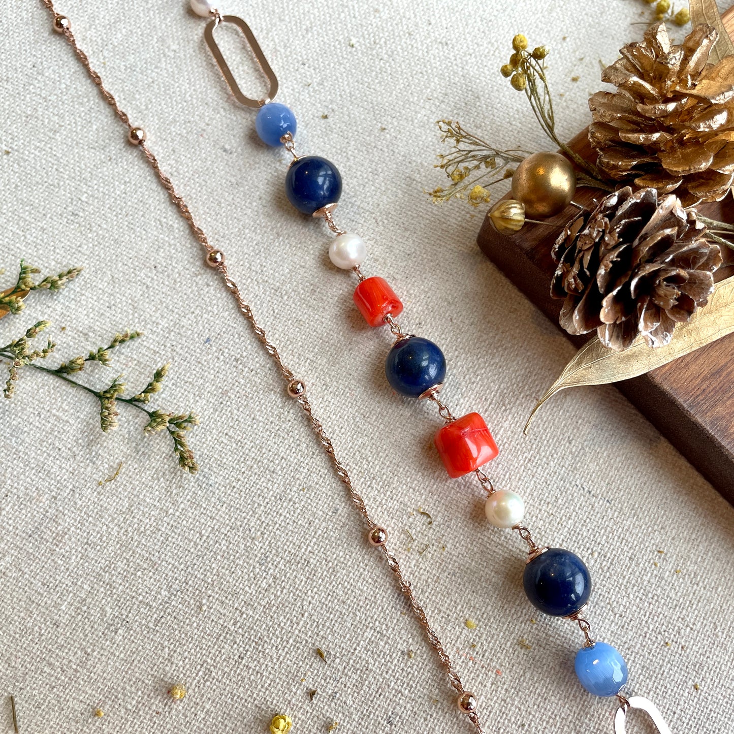 Lapis And Coral Beaded Rose Gold-plated Italian Sterling Silver Chain Necklace