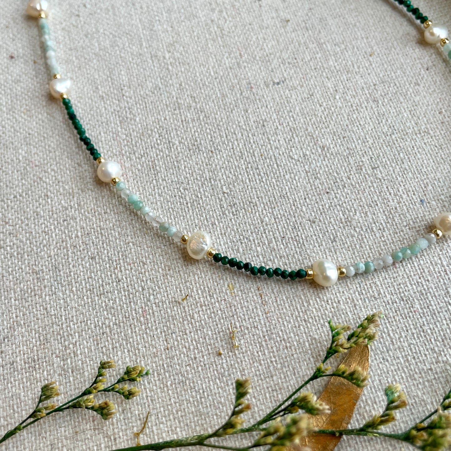 Malachite And Amazonite With Freshwater Pearl Beaded Choker Necklace