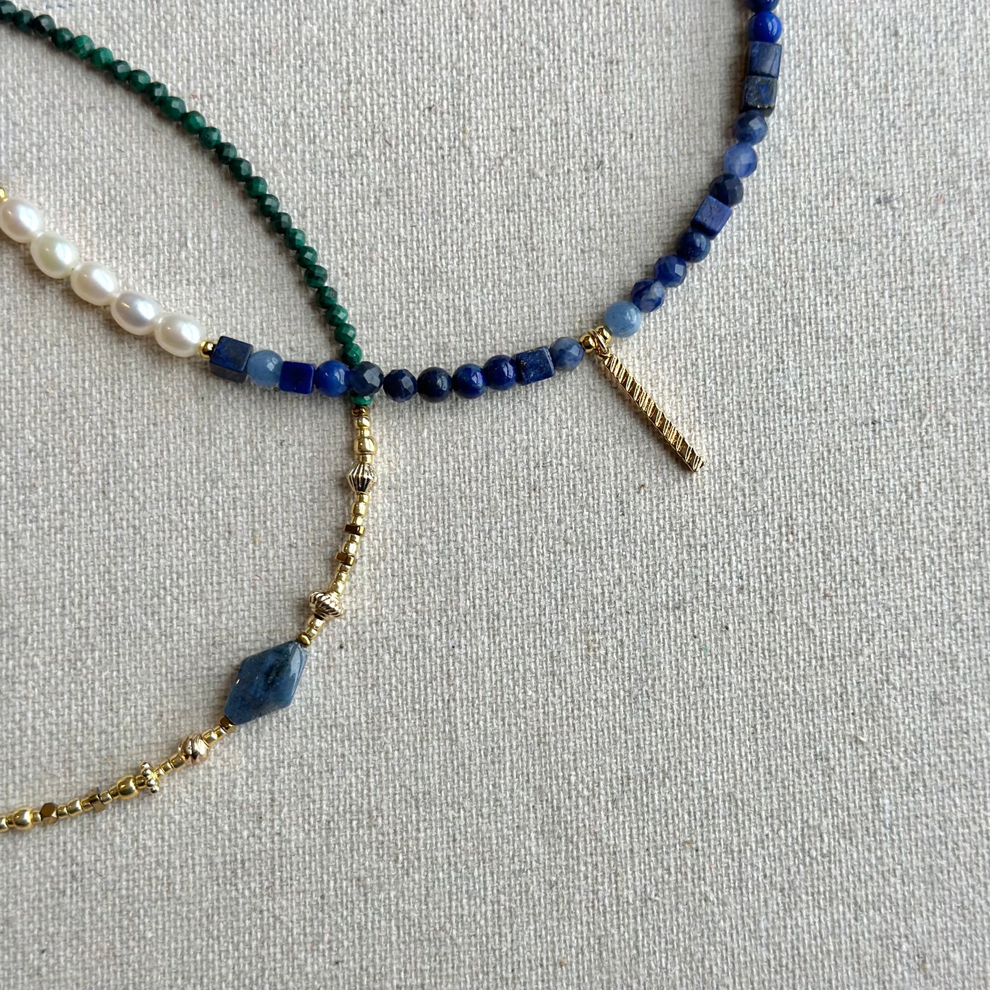 Mixed Shape Lapis And Sodalite  Beaded Asymmetric Choker Necklace