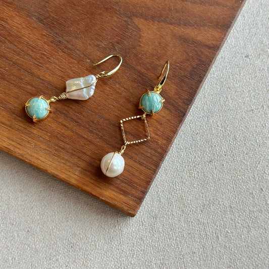 Baroque Freshwater Pearl And Amazonite 14k Gold-filled Wire Wrapping Earring