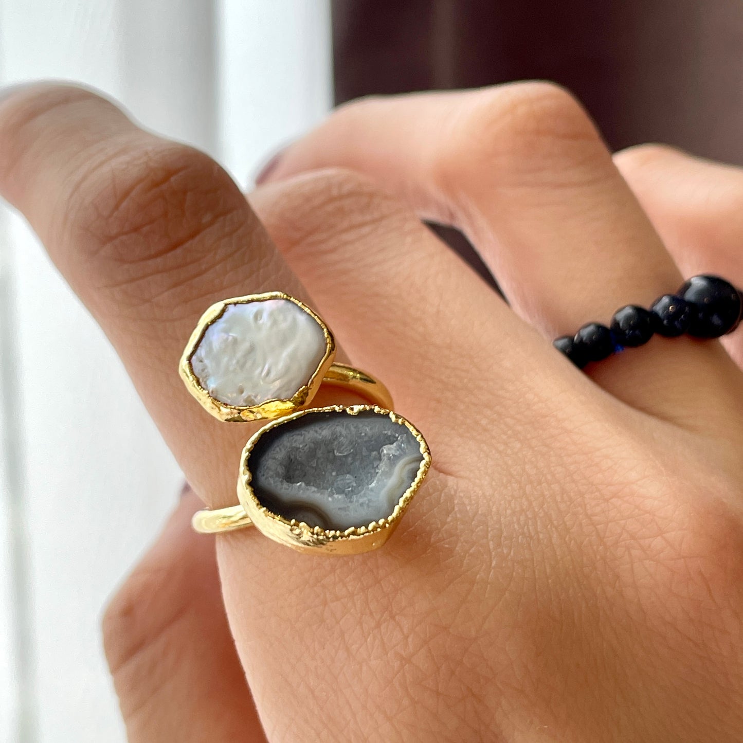 Freshwater Pearl And Agate Geode Adjustable Gold-plated Ring