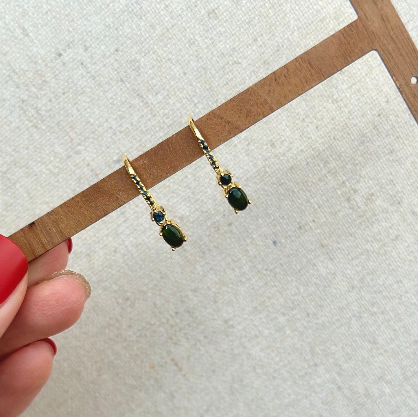 Green Tourmaline With Sapphire Gold-plated Sterling Earring