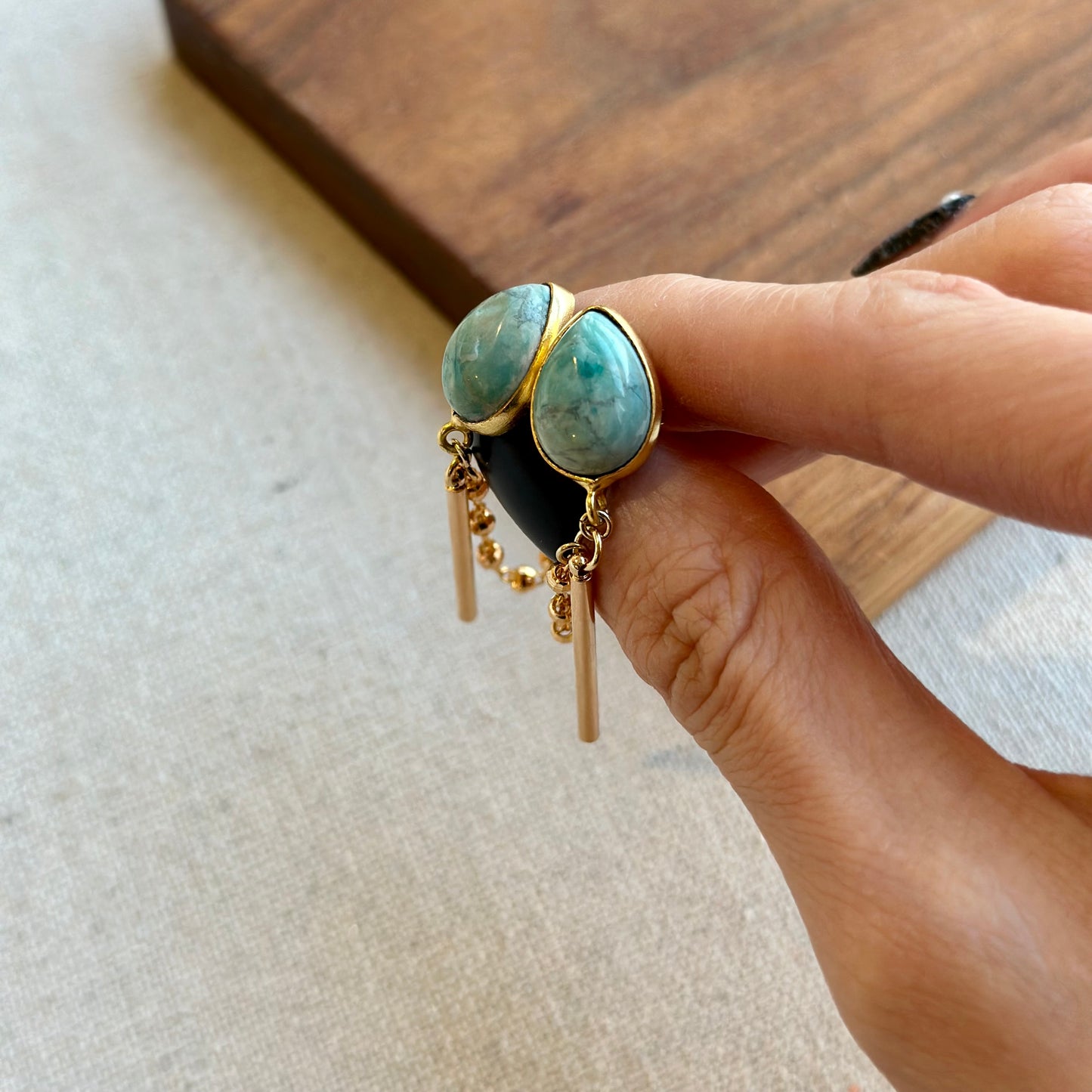 Larimar Stud And Chain Hoop-like Gold-plated Earring