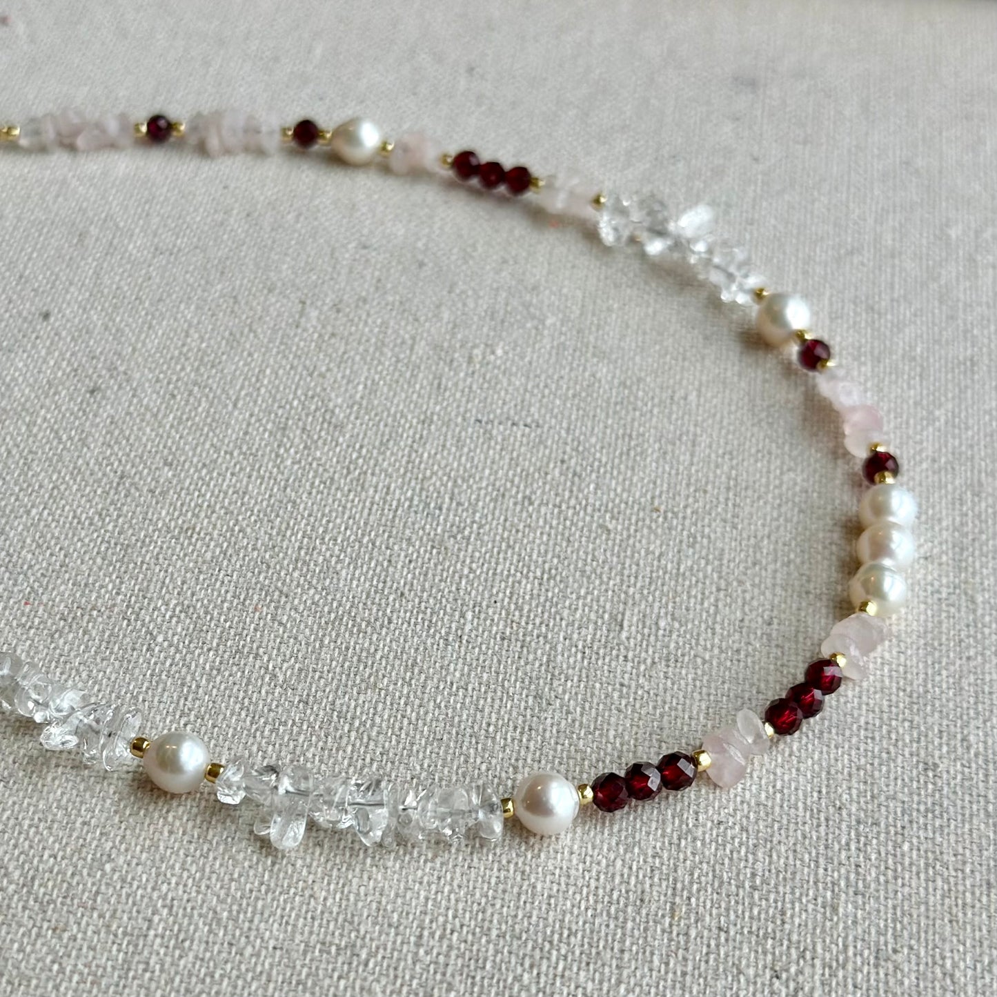 Garnet And Rose Quartz Beaded Asymmetric Choker Necklace