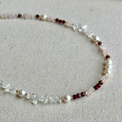 Garnet And Rose Quartz Beaded Asymmetric Choker Necklace