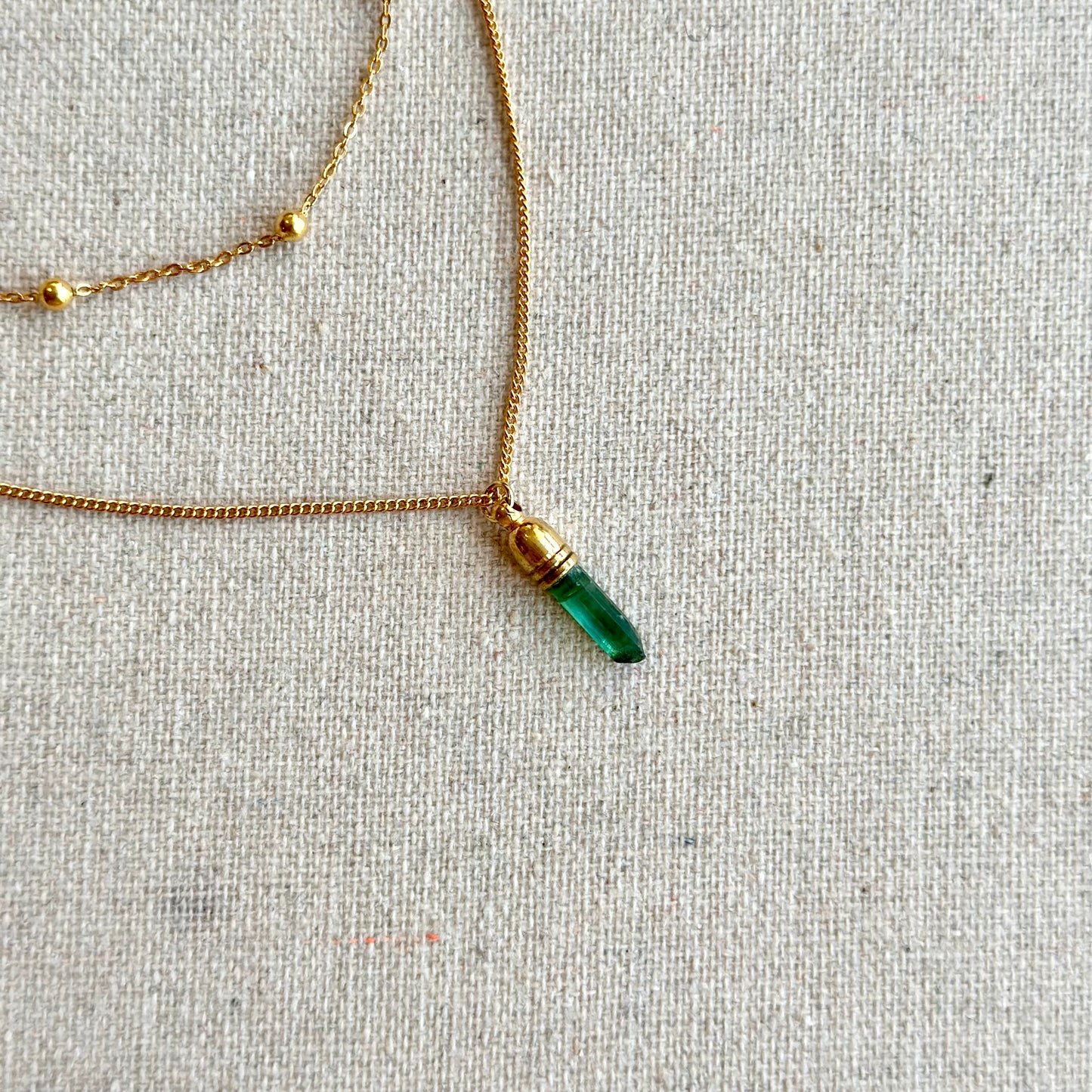 Raw Green Tourmaline Double Layer Gold-plated Sterling Silver Necklace