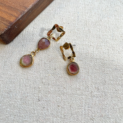 Watermelon Tourmaline Slice Gold-plated Earring