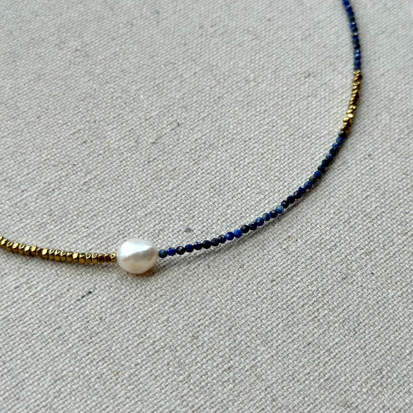 Turquoise And Lapis Mixed Freshwater Pearl Gold-plated Beaded Choker Necklace