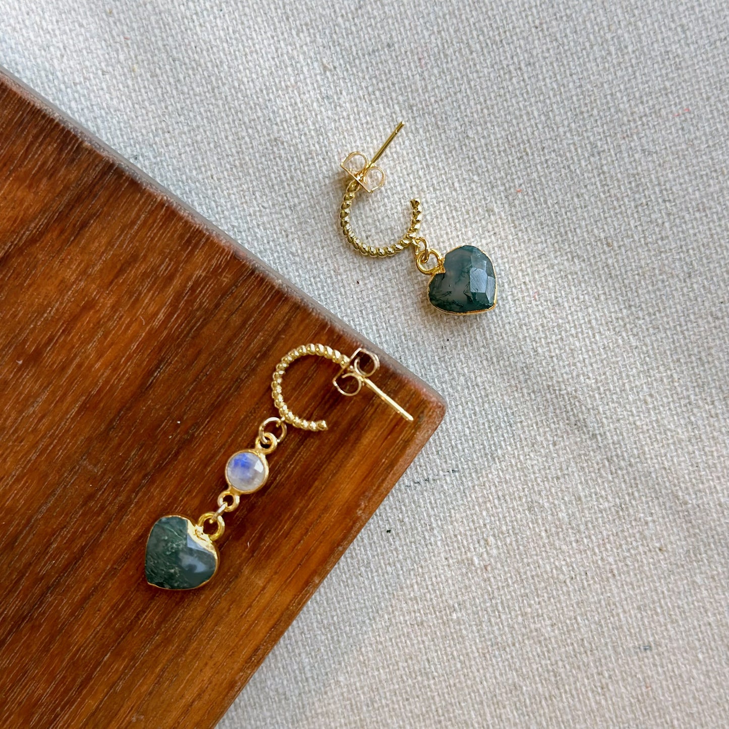 Moss Agate Heart And Moonstone Gold-plated Sterling Silver Hoop Earring