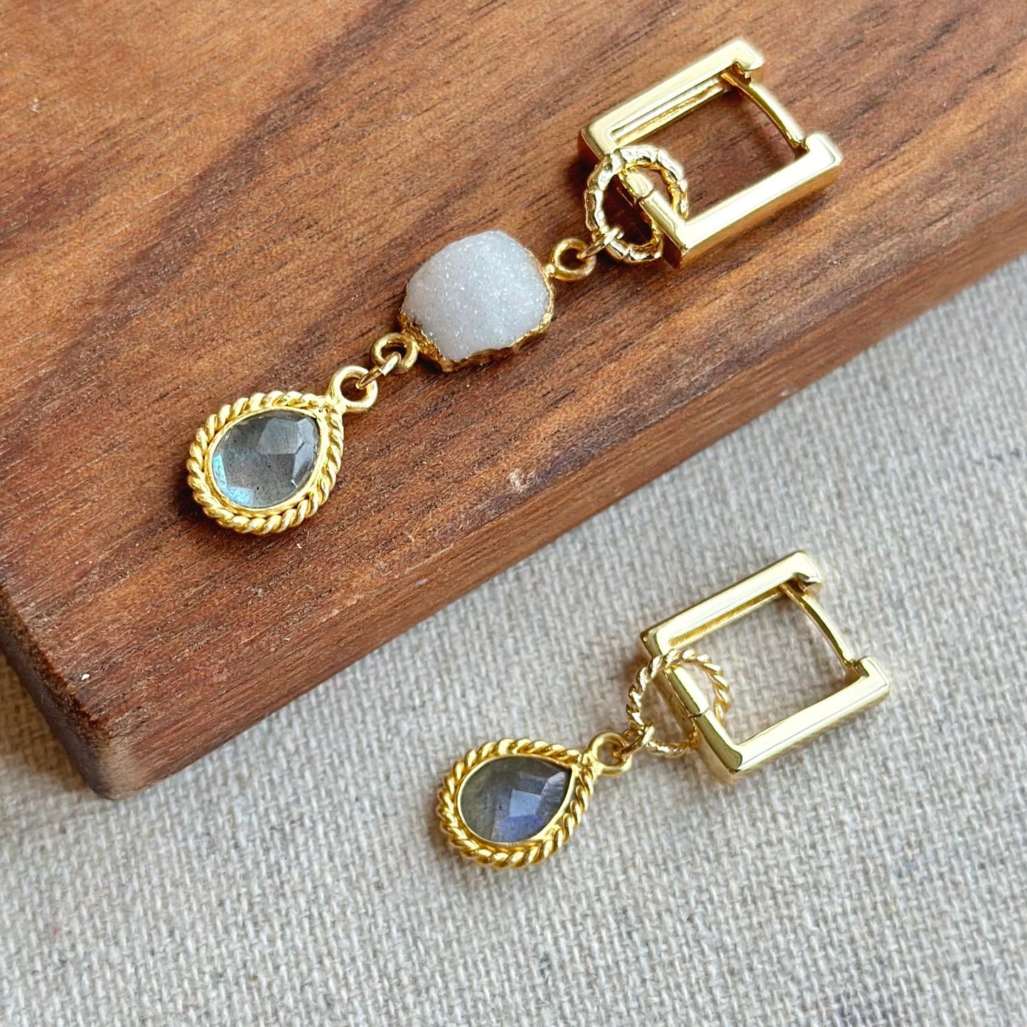 Labradorite And Druzy Two-way Gold-plated Ear Hoop