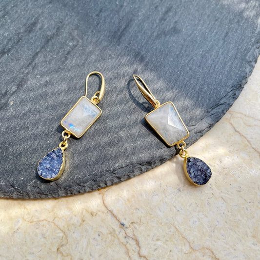 Moonstone And Black Druzy Stone Earring