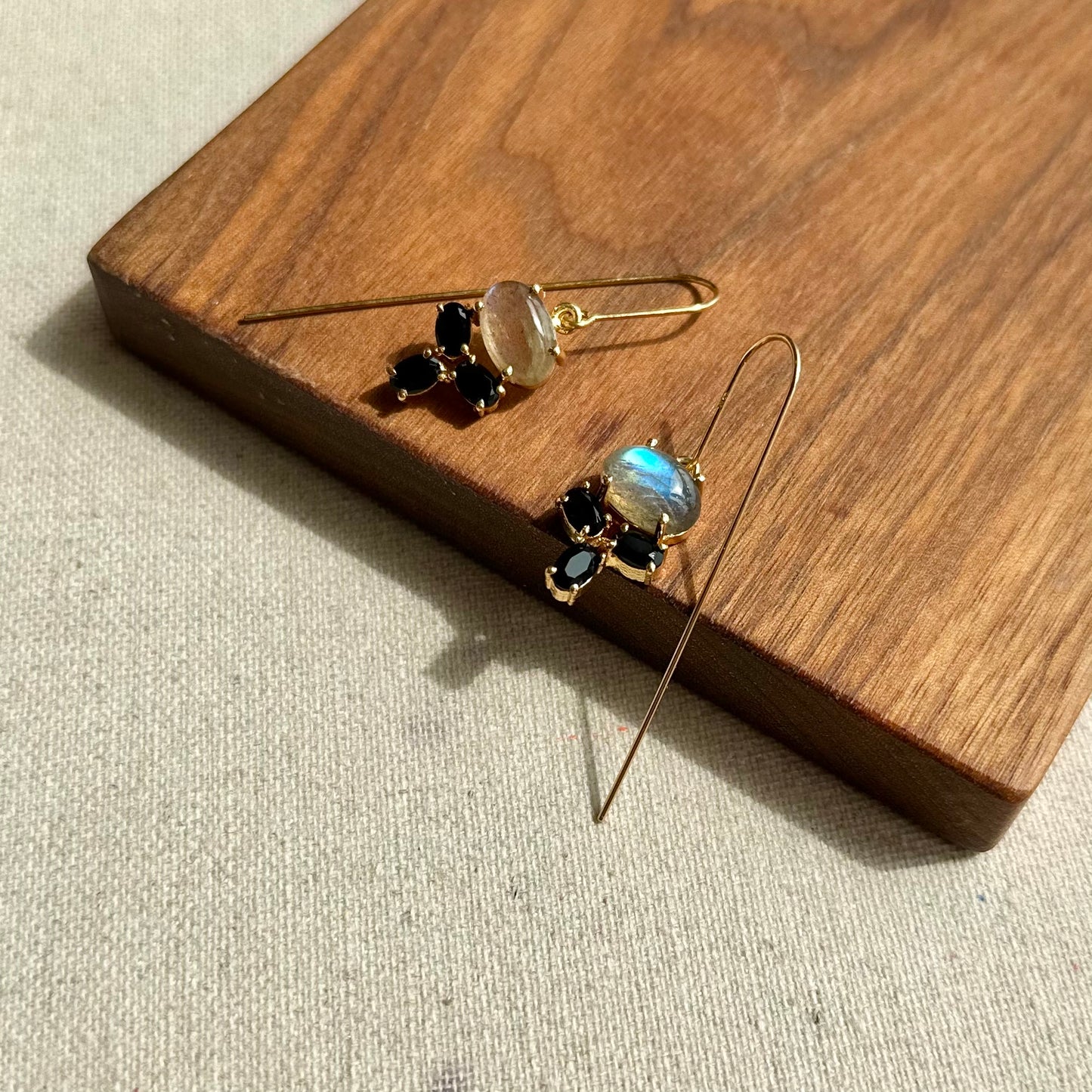 Labradorite And Black Onyx Prong Set Gold-plated Earring