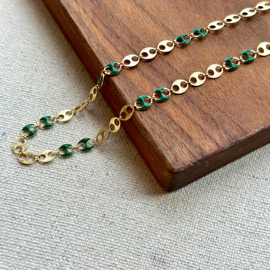 Mariner Chain And Green Enamel Gold-plated Italian Sterling Silver Choker Necklace