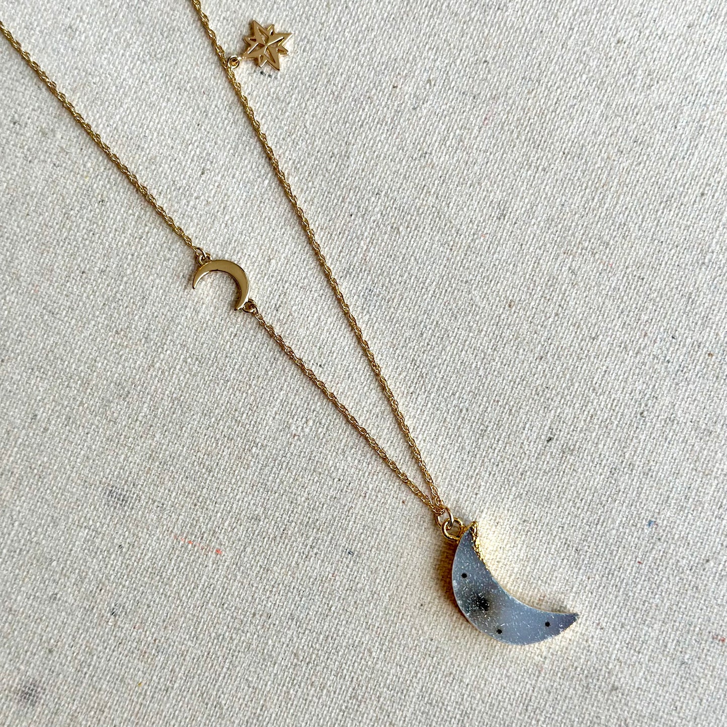 Druzy Moon Long Asymmetric Gold-plated Necklace