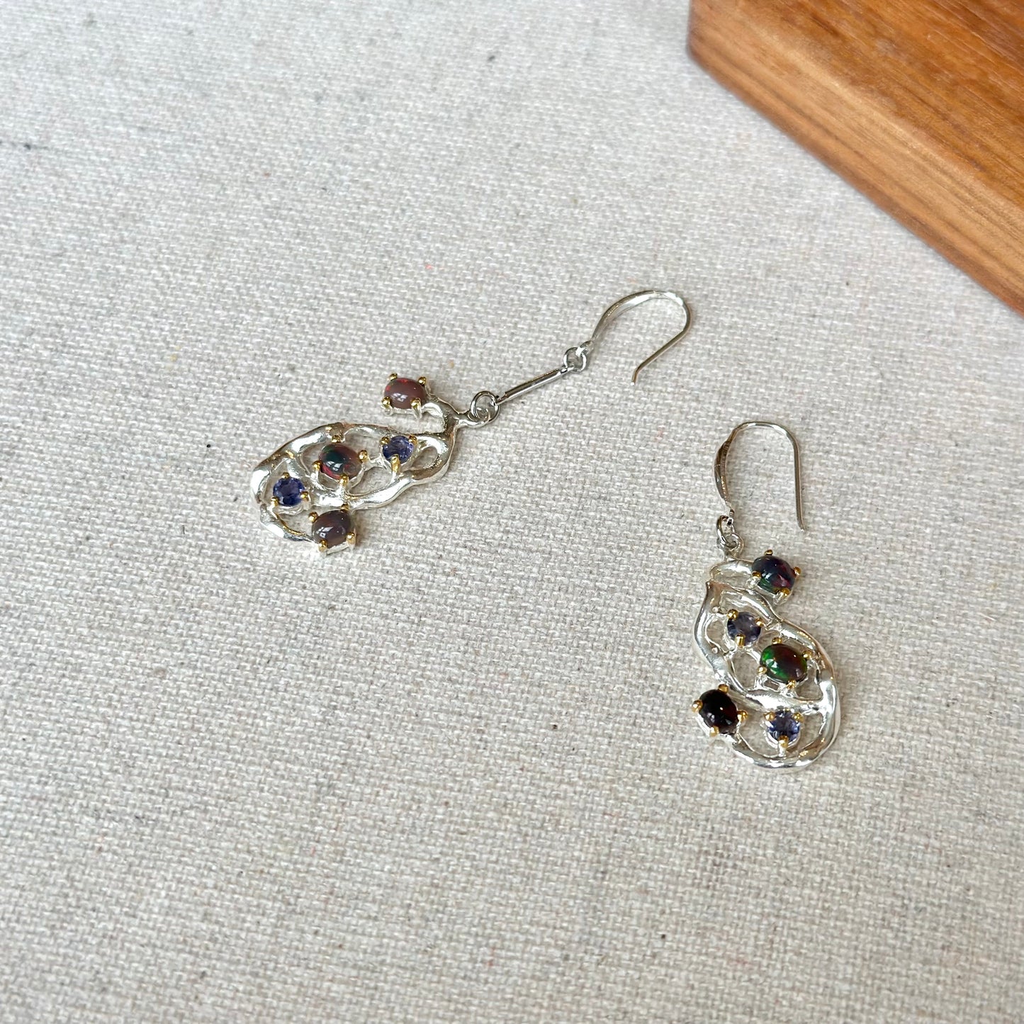 Black Opal And Iolite In Abstract Sterling Silver Earring