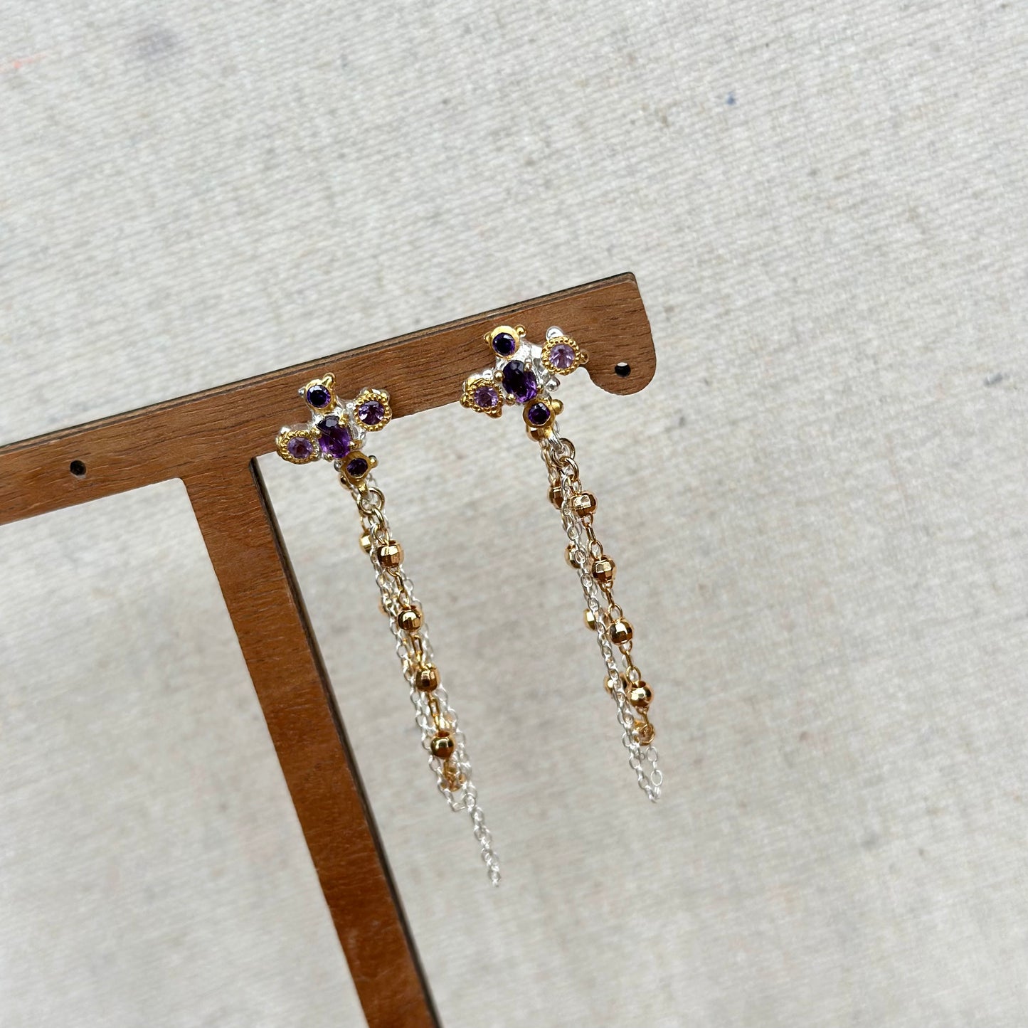 Amethyst And Chain Hoop-like Gold-plated Sterling Silver Earring