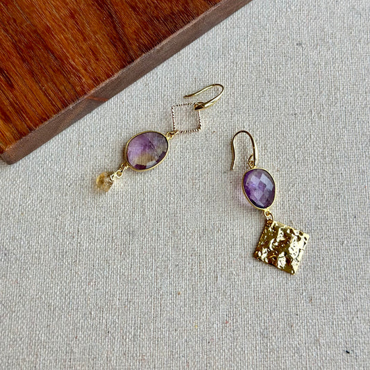 Ametrine And Citrine Asymmetric Gold-plated Earring