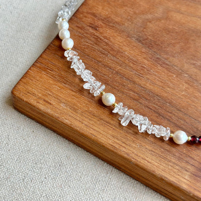 Garnet And Rose Quartz Beaded Asymmetric Choker Necklace