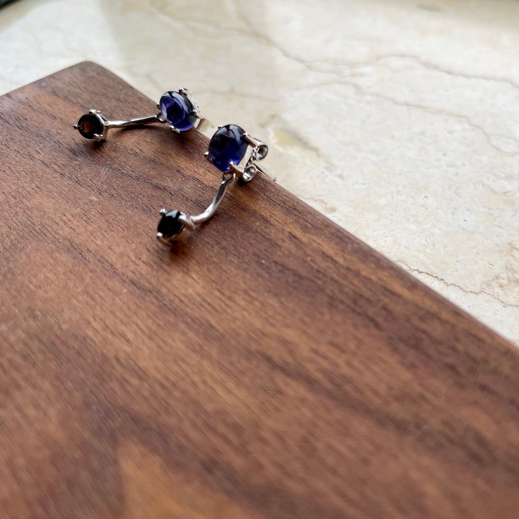 Iolite Silver And Smoky Quartz Prong Setting Two-way Ear Stud