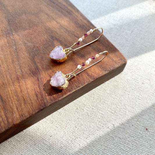 Heart-shaped Druzy Stones Wire Wrapping 14k Gold-filled Earring