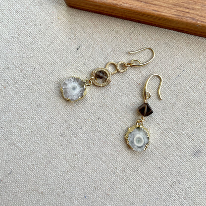 White Agate And Smoky Quartz 14k Gold-filled Wire Wrapping Earring