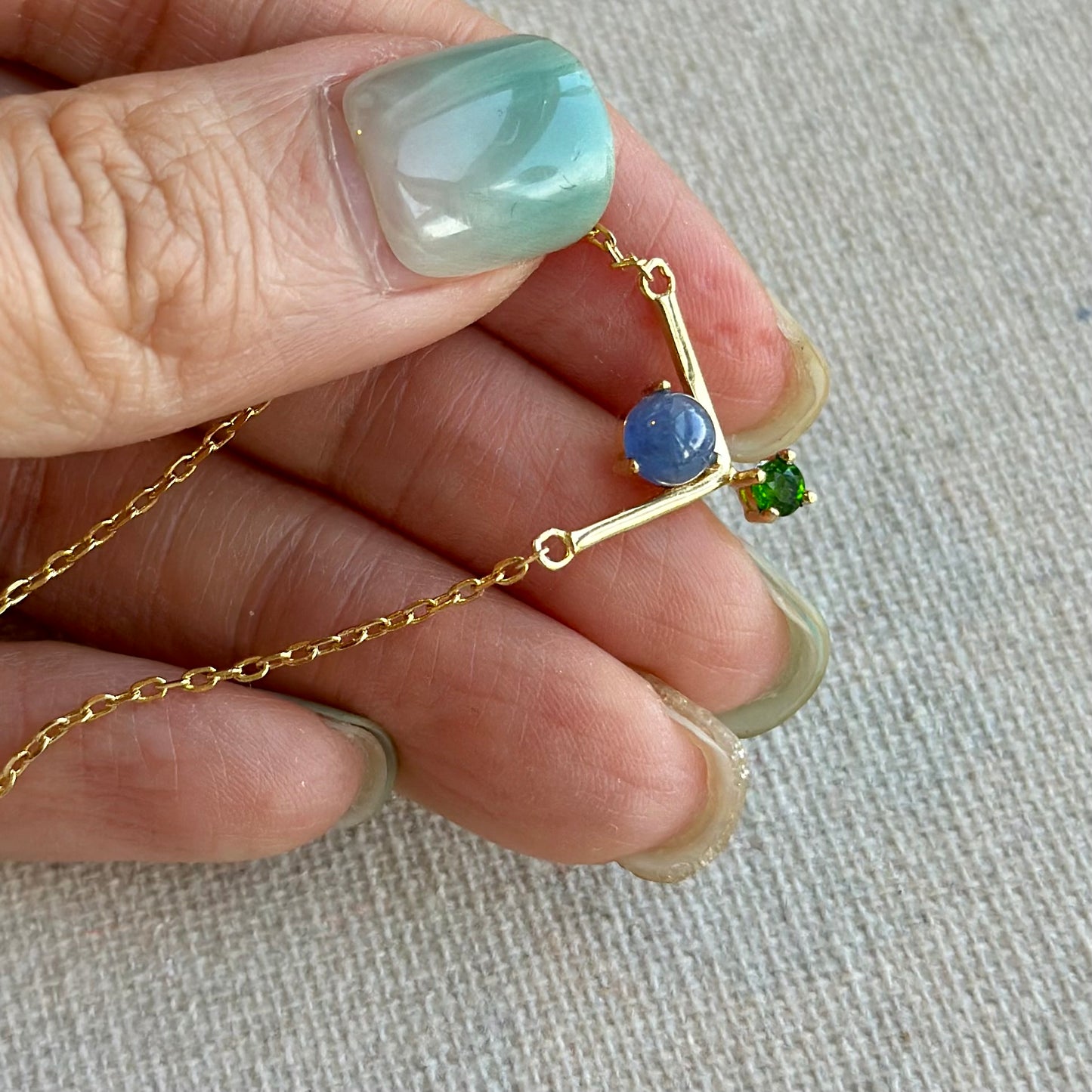 Sapphire And Diopside V-shaped Gold-plated Sterling Silver Necklace