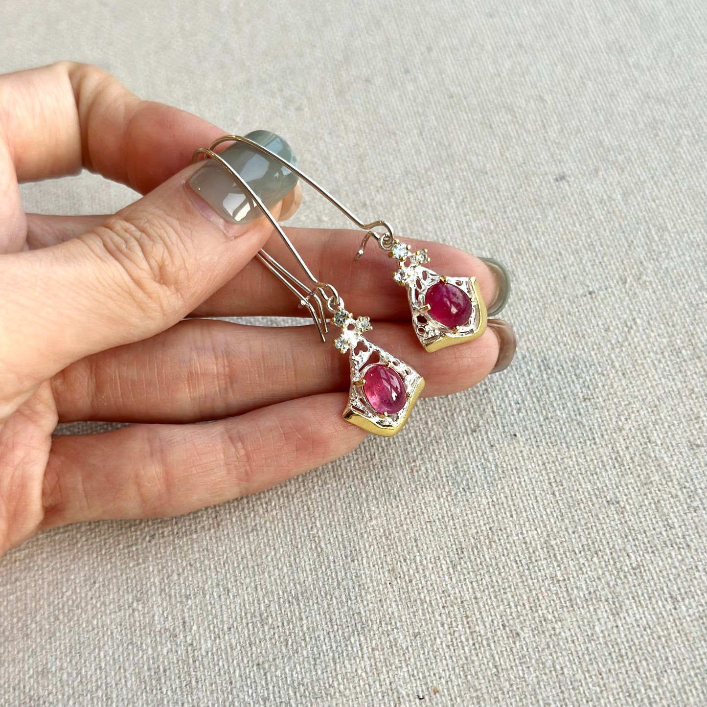 Ruby And Topaz Two Tone Dangle Sterling Silver Earring