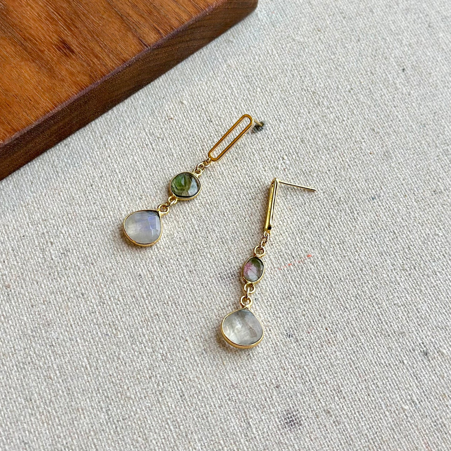 Watermelon Tourmaline And Moonstone Gold-plated Earring