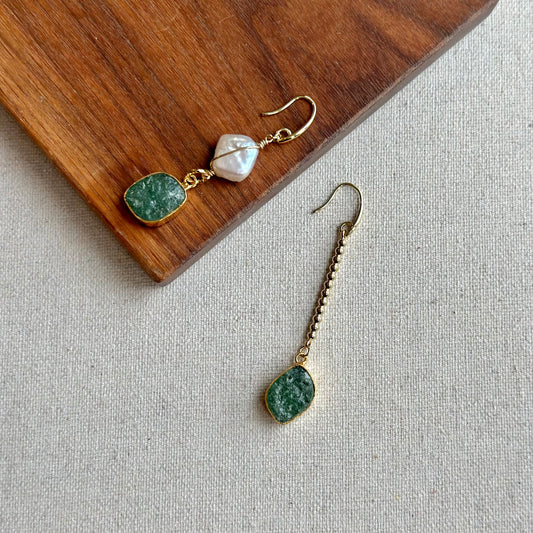 Aventurine And Baroque Pearls 14k Gold-filled Wire Wrapping Earring